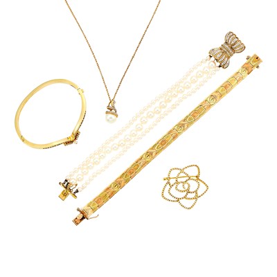 Lot 1254 - Gold, Diamond, Cultured Pearl Bangle, Flower Pin, Three-Strand Bracelet and Pendant-Necklace