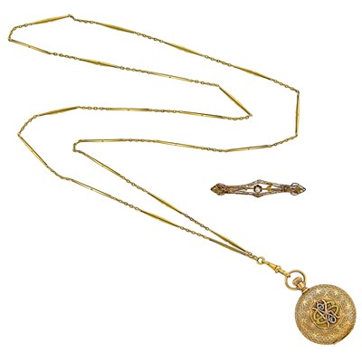 Lot 1103 - Tricolor Gold Pocket Watch with Long Gold Chain Necklace and Gold Brooch