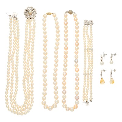 Lot 2294 - Triple Strand Freshwater Pearl, White Gold and Diamond Necklace and Bracelet and Two Necklaces and Two Pairs of Earrings