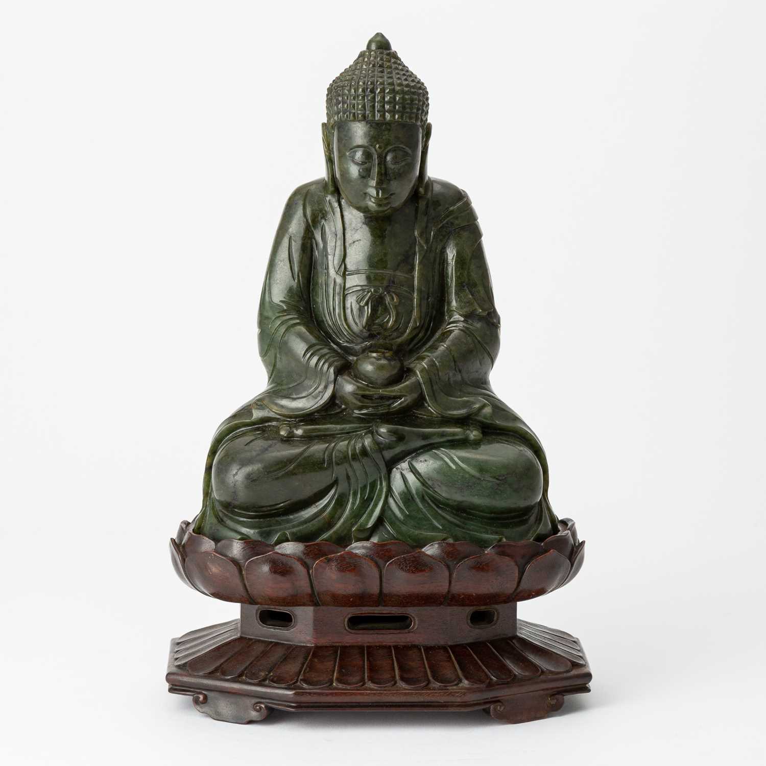 Lot 438 - A Chinese Spinach Jade Medicine Buddha and Stand