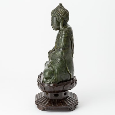 Lot 438 - A Chinese Spinach Jade Medicine Buddha and Stand