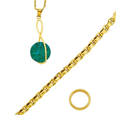 Lot 1211 - Tiffany & Co. Gold Band Ring, Malachite Pendant with Chain and Bracelet