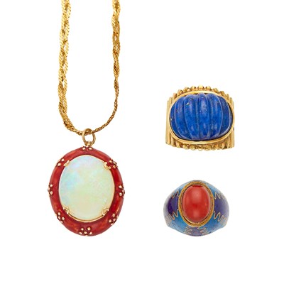 Lot 2143 - Gold and Fluted Lapis Ring, Coral and Enamel Ring and White Opal and Enamel Pendant-Brooch with Braided Chain Necklace