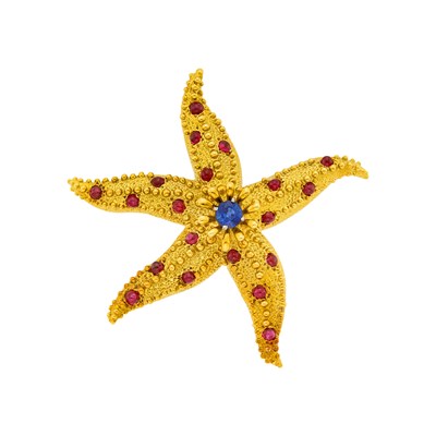 Lot 1097 - Tiffany & Co., Schlumberger Gold, Sapphire and Cabochon Ruby Starfish Clip-Brooch