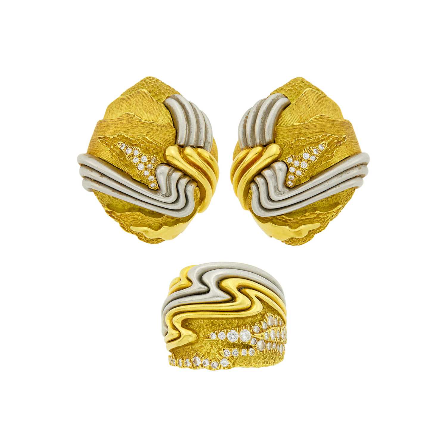 Lot 39 - Henry Dunay Pair of Gold, Platinum and Diamond Earrings and Ring