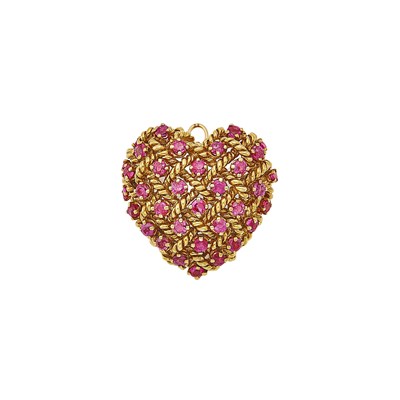 Lot 1017 - Tiffany & Co. Gold and Ruby Heart Pendant-Brooch