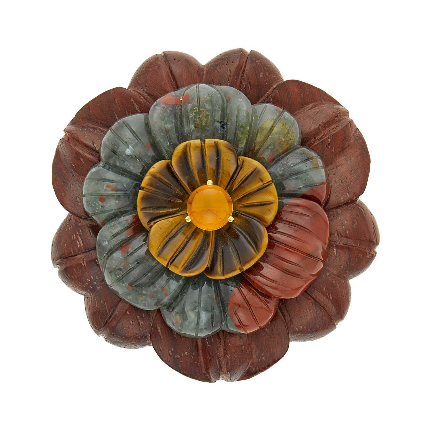 Lot 66 - Bettina for Seaman Schepps Carved Wood, Jasper, Tiger's Eye and Cabochon Citrine 'Bettina's Flowers' Clip-Brooch