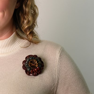 Lot 66 - Bettina for Seaman Schepps Carved Wood, Jasper, Tiger's Eye and Cabochon Citrine 'Bettina's Flowers' Clip-Brooch