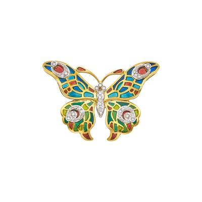 Lot 1023 - Two-Color Gold, Plique-à-Jour Enamel and Diamond Butterfly Brooch