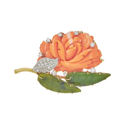 Lot 1222 - Gold, Carved Coral and Nephrite and Diamond Rose Brooch