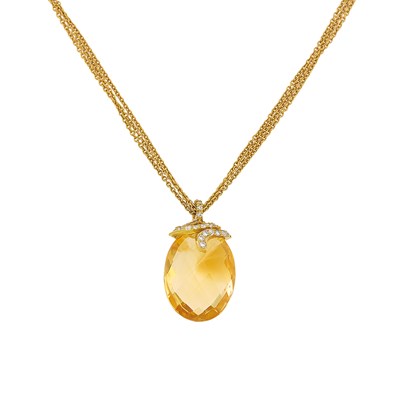 Lot 1043 - Gold, Citrine and Diamond Pendant with Multistrand Chain Necklace