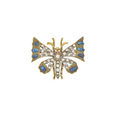 Lot 1140 - Two-Color Gold, Cabochon Sapphire, Pearl and Diamond Butterfly Brooch