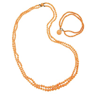 Lot 1074 - Long Double Strand Coral Bead Necklace and Bracelet