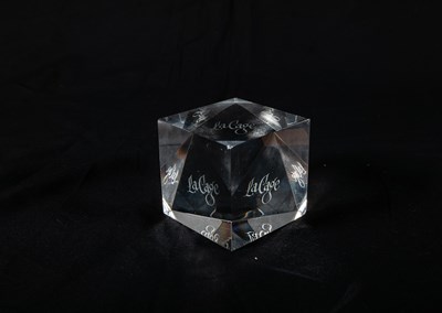 Lot 202 - Four Tiffany & Co. Etched Glass La Cage Aux Folles Paperweights