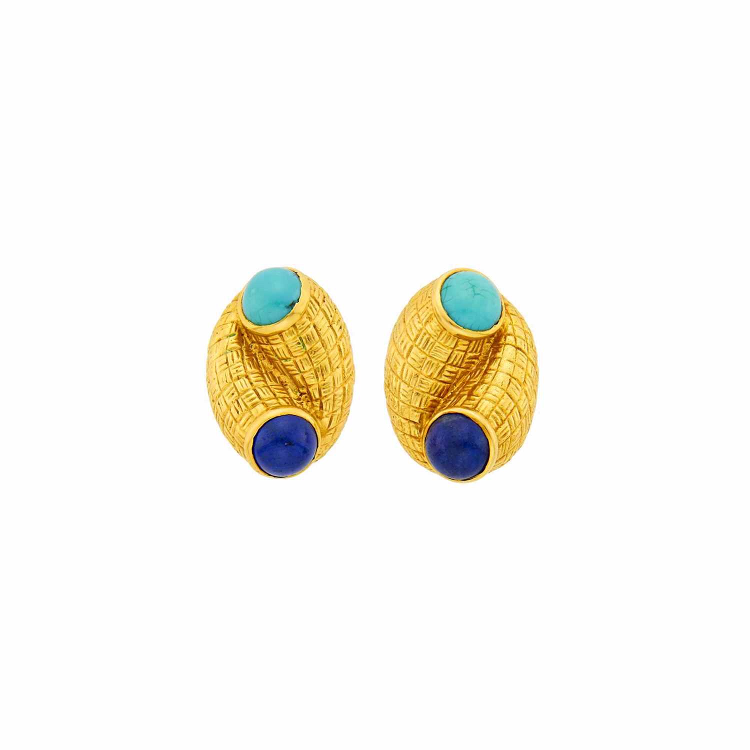 Lot 1 - Tiffany & Co. Pair of Gold, Lapis and Turquoise Earclips