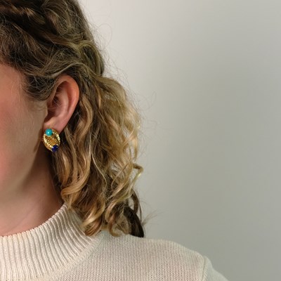 Lot 1 - Tiffany & Co. Pair of Gold, Lapis and Turquoise Earclips