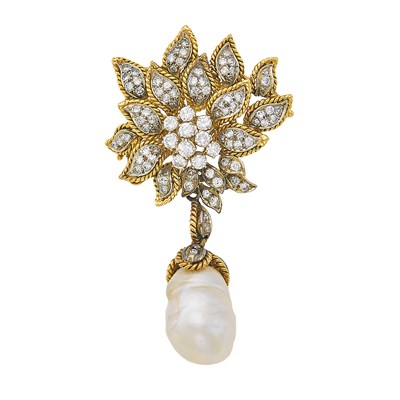 Lot 1226 - Two-Color Gold, Diamond and Baroque Cultured Pearl Pendant-Brooch