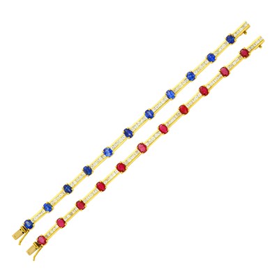 Lot 15 - Pair of Gold, Ruby, Sapphire and Diamond Bracelets