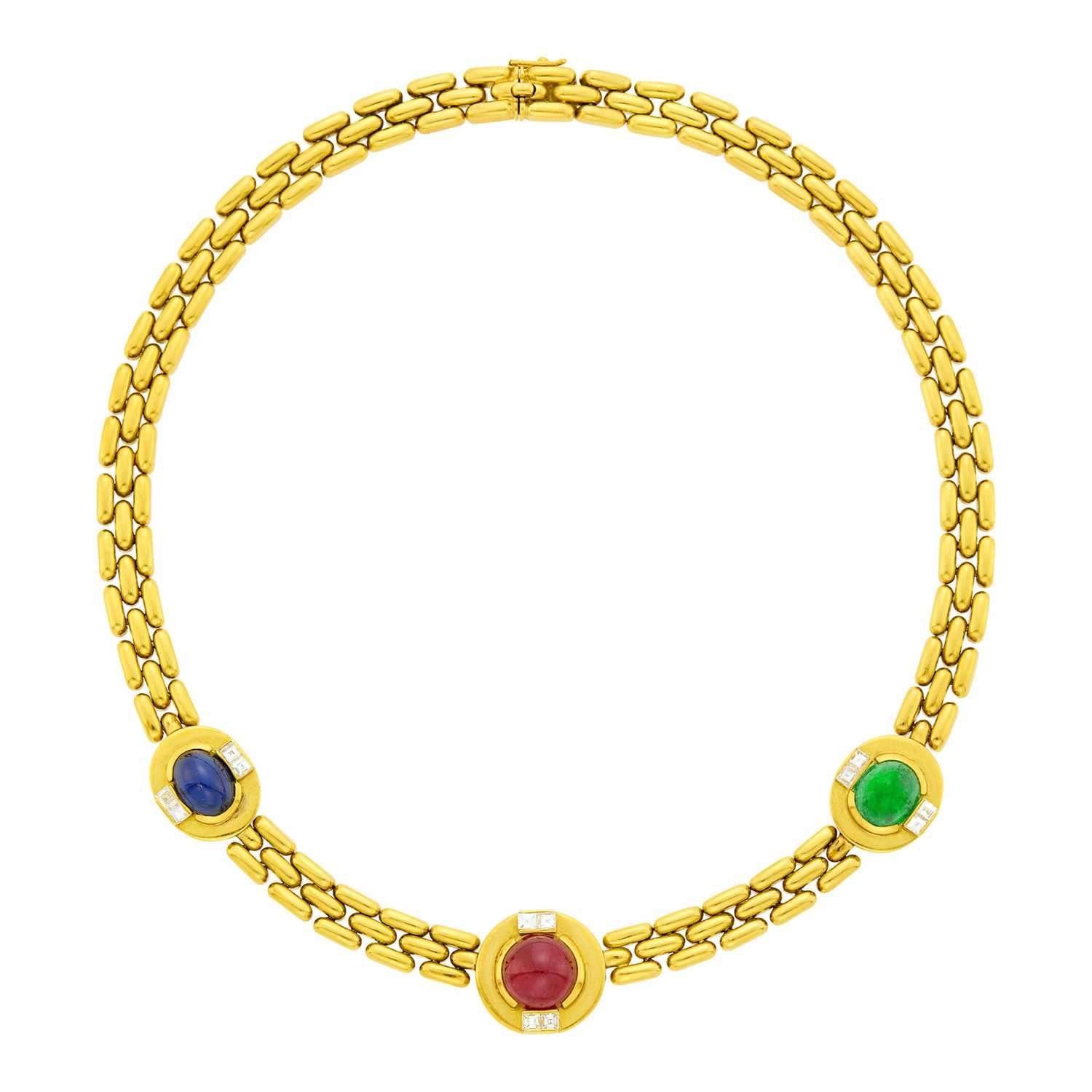 Lot 14 - Gold, Cabochon Colored Stone and Diamond Bar Link Necklace