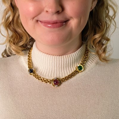 Lot 14 - Gold, Cabochon Colored Stone and Diamond Bar Link Necklace