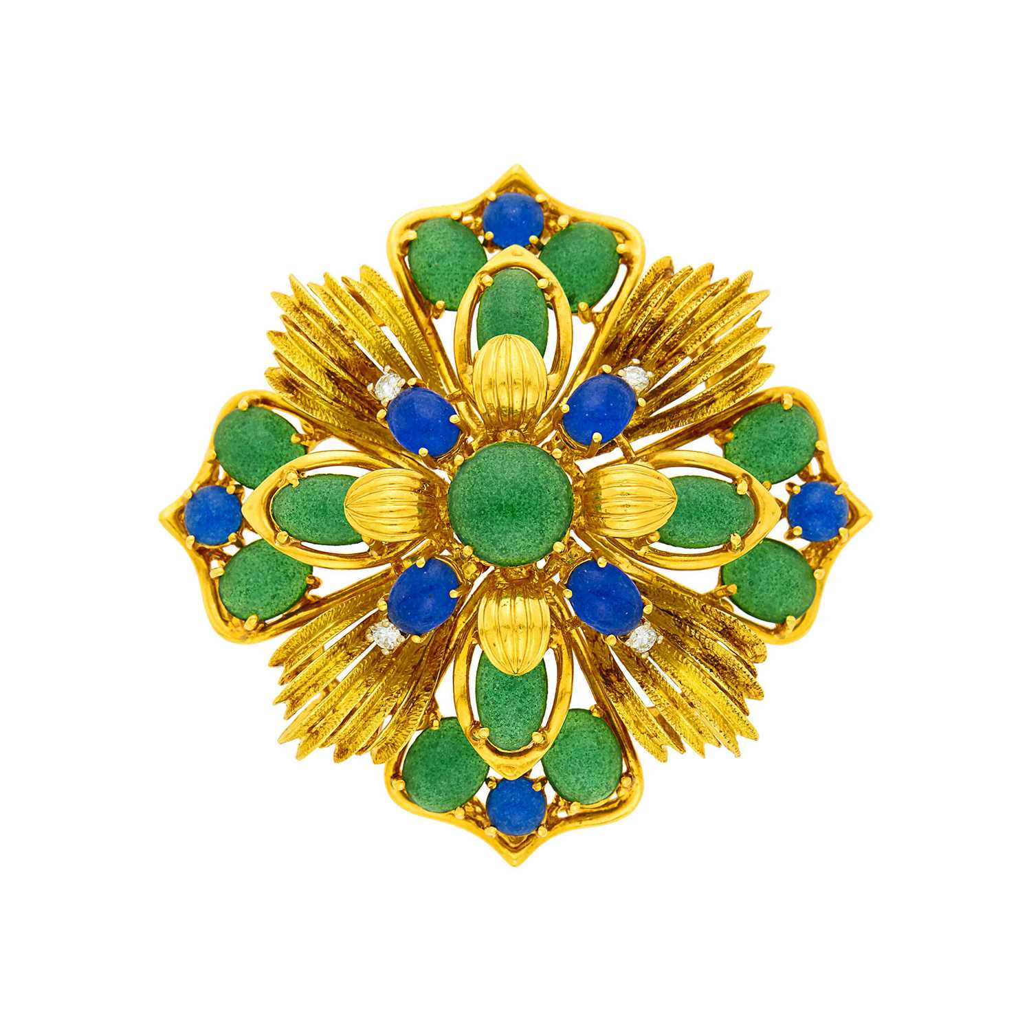 Lot 100 - Gold, Green and Blue Molded Glass and Diamond Pendant-Brooch