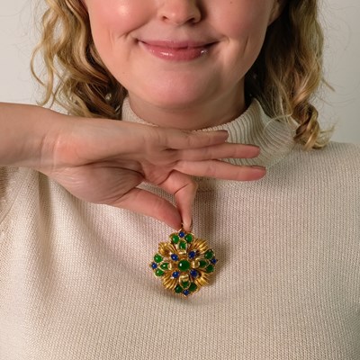 Lot 100 - Gold, Green and Blue Molded Glass and Diamond Pendant-Brooch