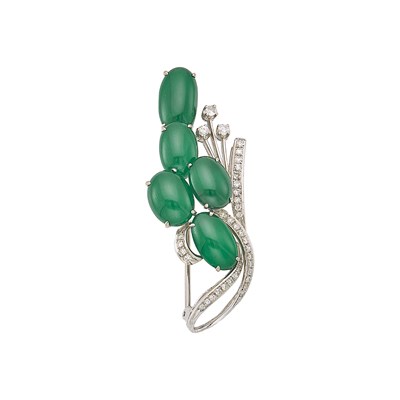 Lot 1112 - White Gold, Jade and Diamond Brooch