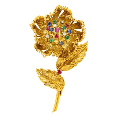 Lot 144 - Cartier Gold, Gem-Set and Diamond 'En Tremblant' Flower Clip-Brooch, France