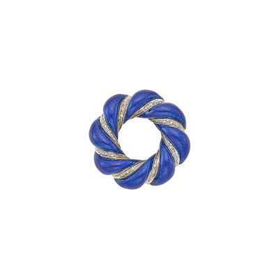 Lot 1135 - Two-Color Gold, Blue Enamel and Diamond Circle Brooch