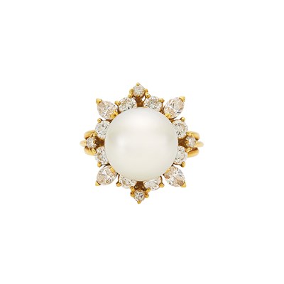 Lot 1032 - Gold, Cultured Pearl and Diamond Ring