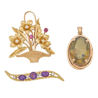 Lot 1256 - Two Gold and Gem-Set Pins and Rose Gold Pendant