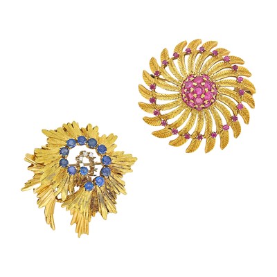 Lot 1228 - Gold, Sapphire and Diamond Brooch and Ruby Brooch