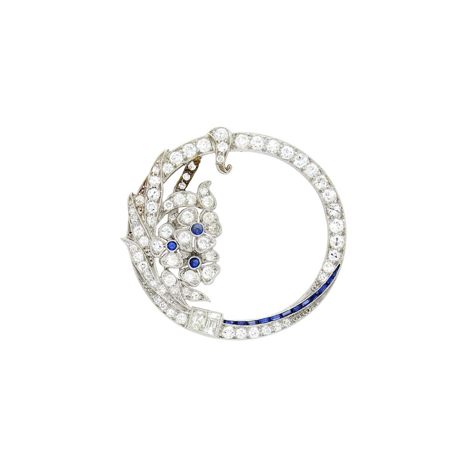 Lot 83 - Platinum, Diamond, Cabochon Sapphire and Simulated Sapphire Circle Brooch
