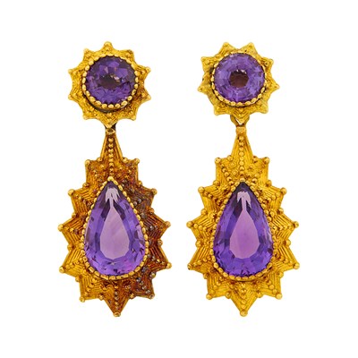 Lot 1051 - Pair of Antique Gold and Amethyst Pendant-Earclips