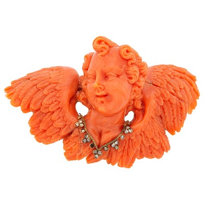 Lot 1020 - Antique Carved Coral, Gold, Silver and Diamond Cherub Brooch