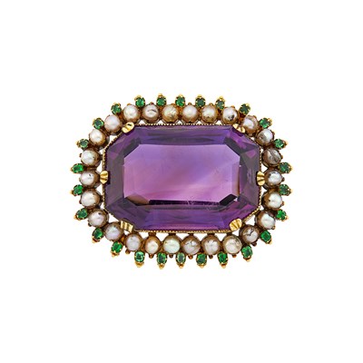 Lot 2203 - Antique Gold, Amethyst, Pearl and Emerald Brooch