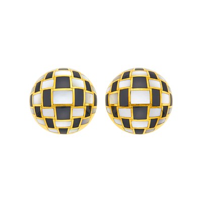 Lot 1006 - Tiffany & Co. Pair of Gold, Mother-of-Pearl and Black Jade Checkerboard Bombé Earrings