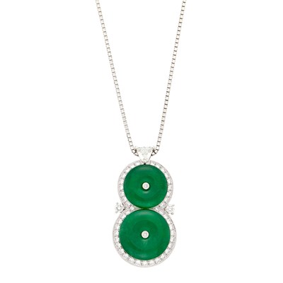 Lot 1071 - White Gold, Jade and Diamond Pendant with Chain Necklace