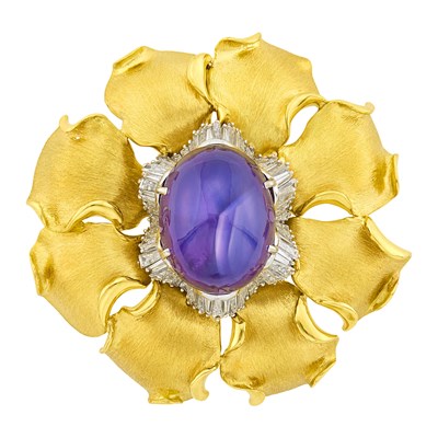 Lot 66 - Gold, Platinum, Color-Change Star Sapphire and Diamond Flower Pendant