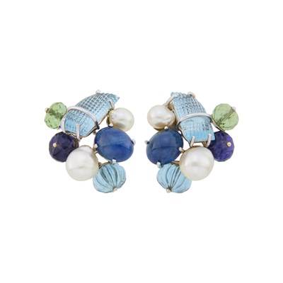 Lot 69 - Seaman Schepps Pair of White Gold, Carved Colored Stone and Semi-Baroque Cultured Pearl Earrings