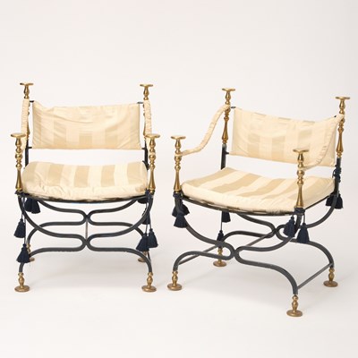 Lot 329 - Pair of Classical Style Mixed Metal Curule-Form Armchairs