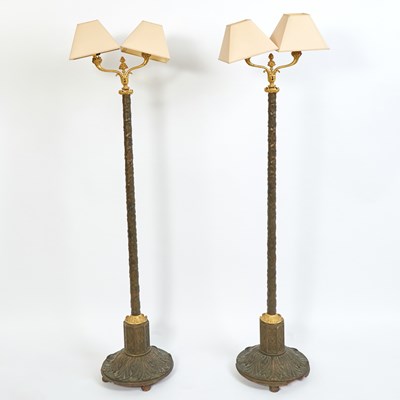 Lot 211 - Pair of Caldwell Style Gilt-Bronze and Composite Floor Lamps