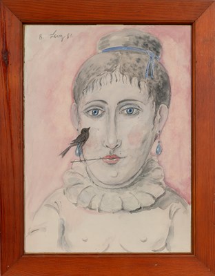 Lot 378 - A watercolor portrait of a woman and a bird