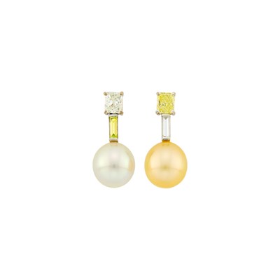 Lot 1084 - Pair of White Gold, Diamond, Colored Diamond, South Sea and Golden Cultured Pearl Pendant-Earrings