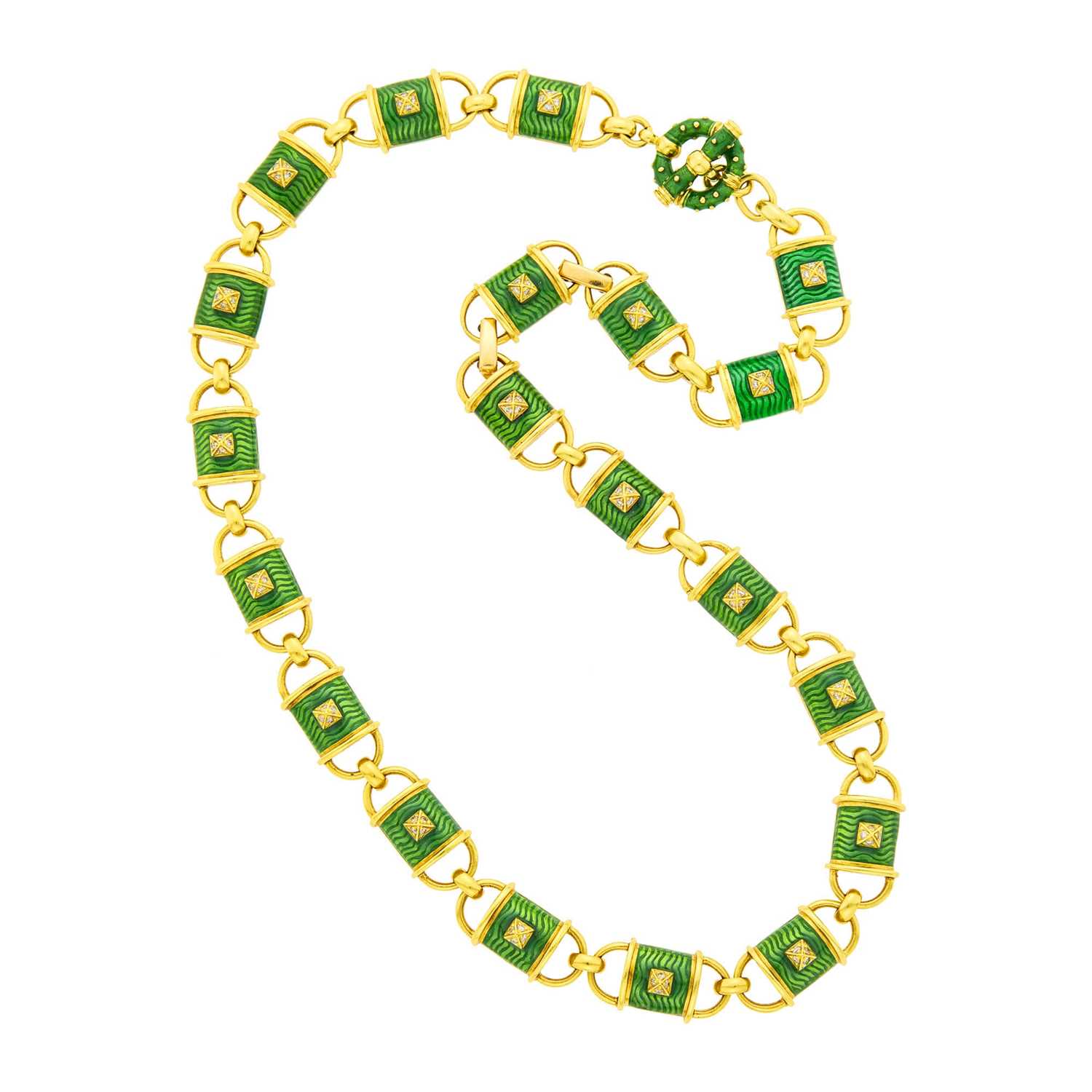Lot 101 - Hidalgo Gold, Green Enamel and Diamond Link Necklace