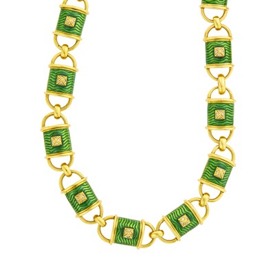 Lot 101 - Hidalgo Gold, Green Enamel and Diamond Link Necklace