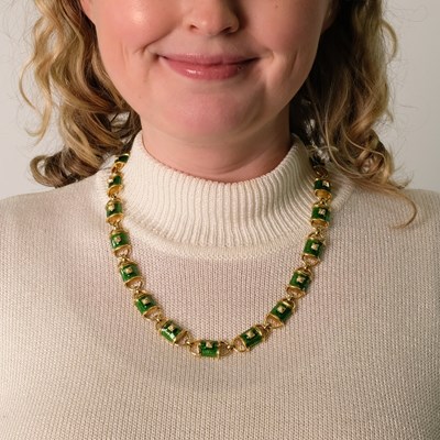 Lot 101 - Hidalgo Gold, Green Enamel and Diamond Link Necklace