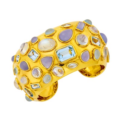 Lot 70 - Seaman Schepps Gold, Moonstone, Blue Topaz and Chalcedony 'Fifties' Cuff Bangle Bracelet