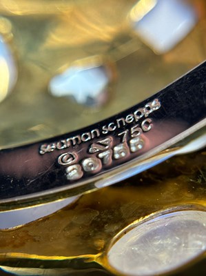 Lot 70 - Seaman Schepps Gold, Moonstone, Blue Topaz and Chalcedony 'Fifties' Cuff Bangle Bracelet