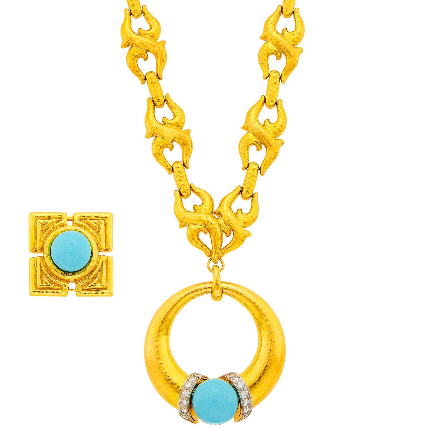 Lot 176 - Long Hammered Gold Chain Necklace with Two Two-Color Gold, Turquoise and Diamond Pendants
